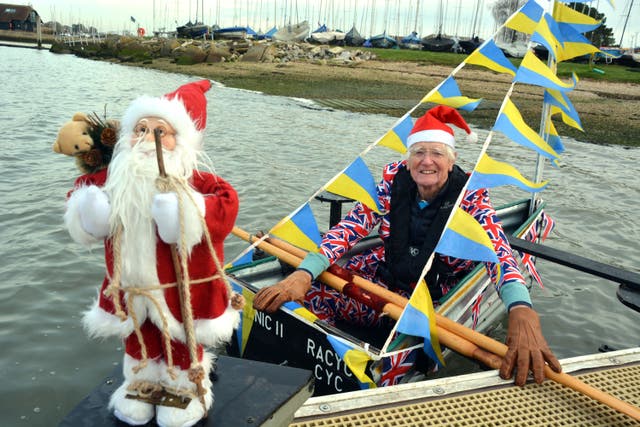 Michael Stanley, known as ‘Major Mick’ completes his Tintanic rowing charity challenge at Chichester Yacht Club (PA)