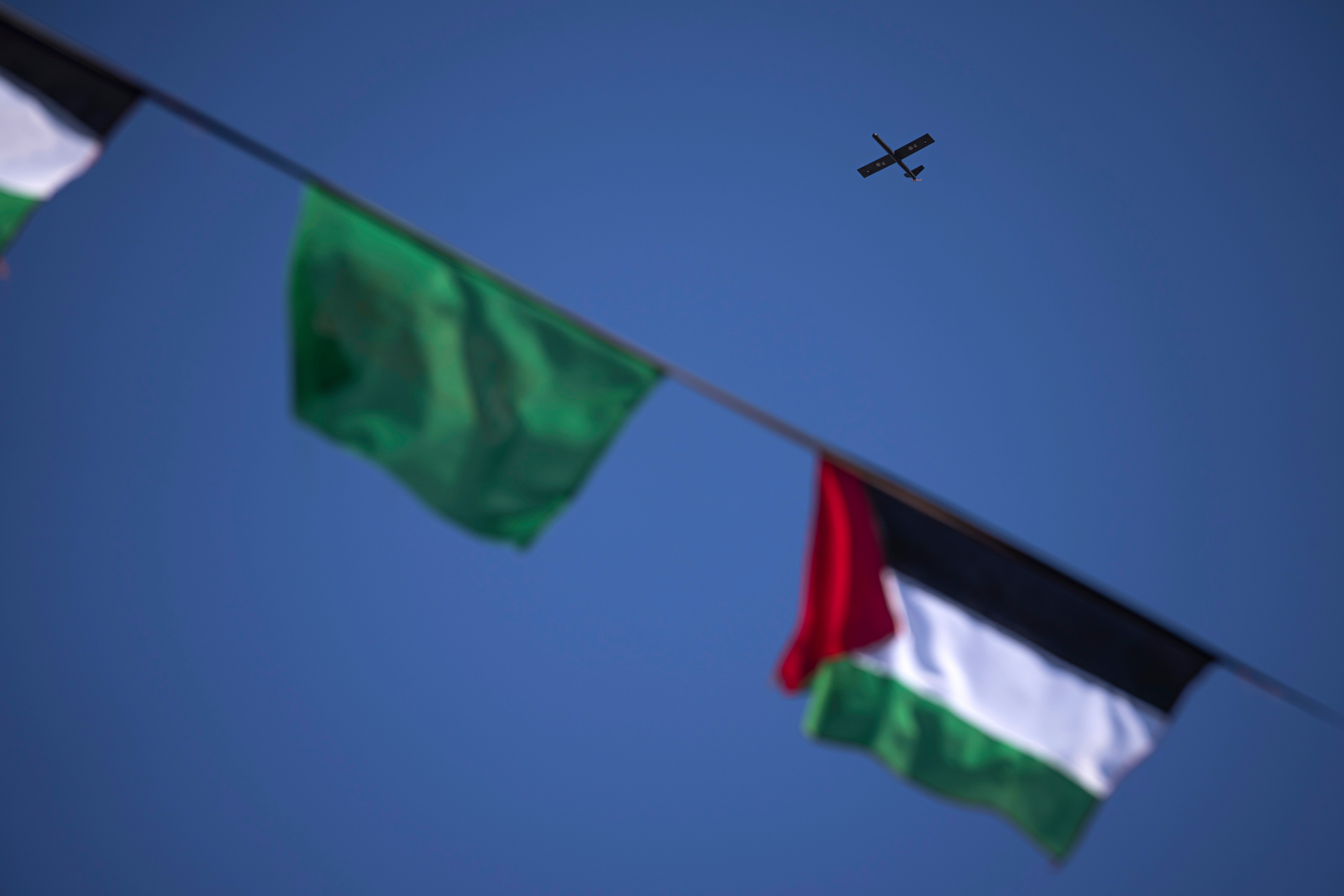 A Hamas drone flies over Gaza City, in the north of the enclave