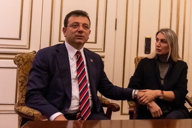 <p>Istanbul mayor Ekrem Imamoglu and his wife Dilek sit at his office as a Turkish court sentenced him to more than two years in prison</p>