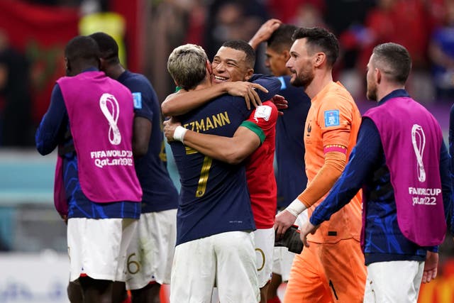 Kylian Mbappe and Antoine Griezmann celebrated with their France team-mates after reaching the final (Mike Egerton/PA)