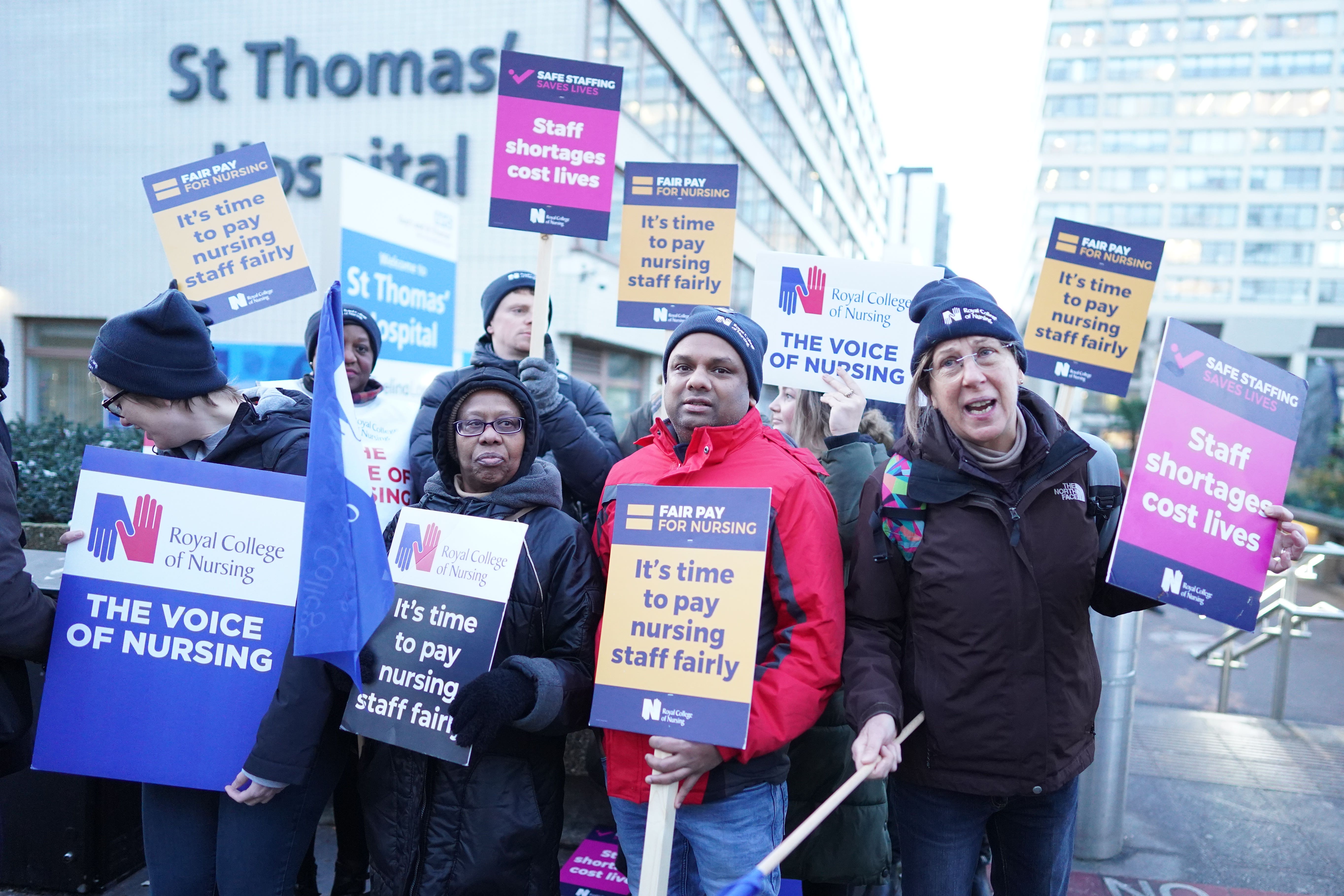 Members of the Royal College of Nursing on the picket line outside St Thomas’ Hospital in London (Stefan Rousseau/PA)