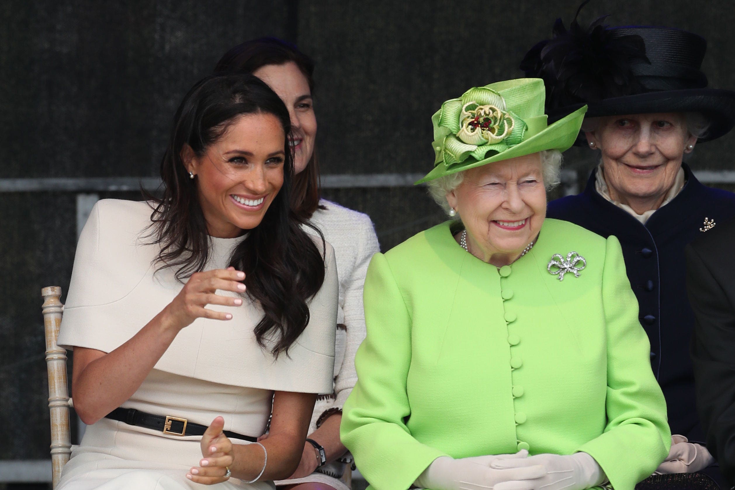 Before the storm: the late Queen and Meghan at the opening of the Mersey Gateway Bridge in Widnes, Cheshire