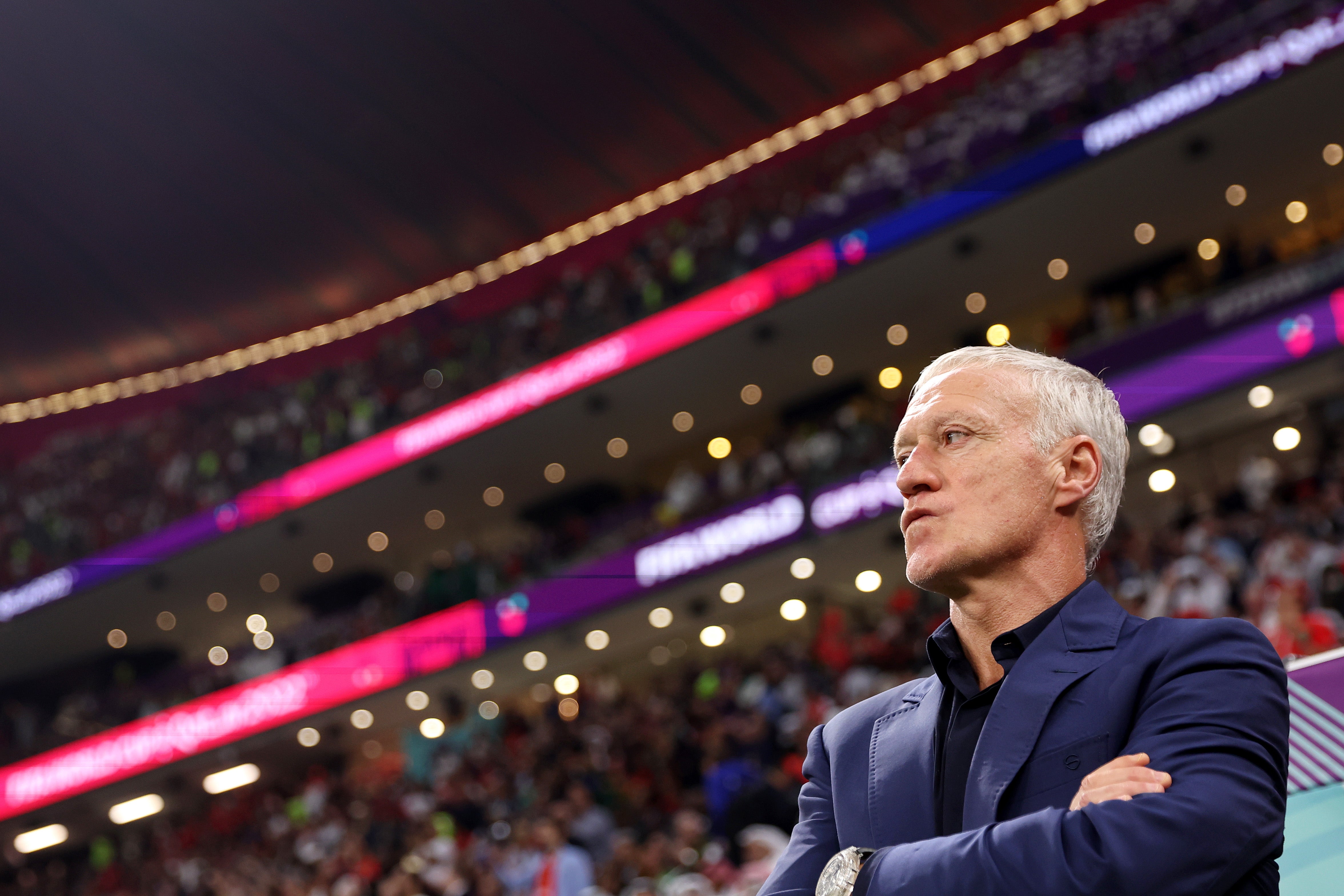 Didier Deschamps, Head Coach of France, looks on during the World Cup semi-final against Morocco