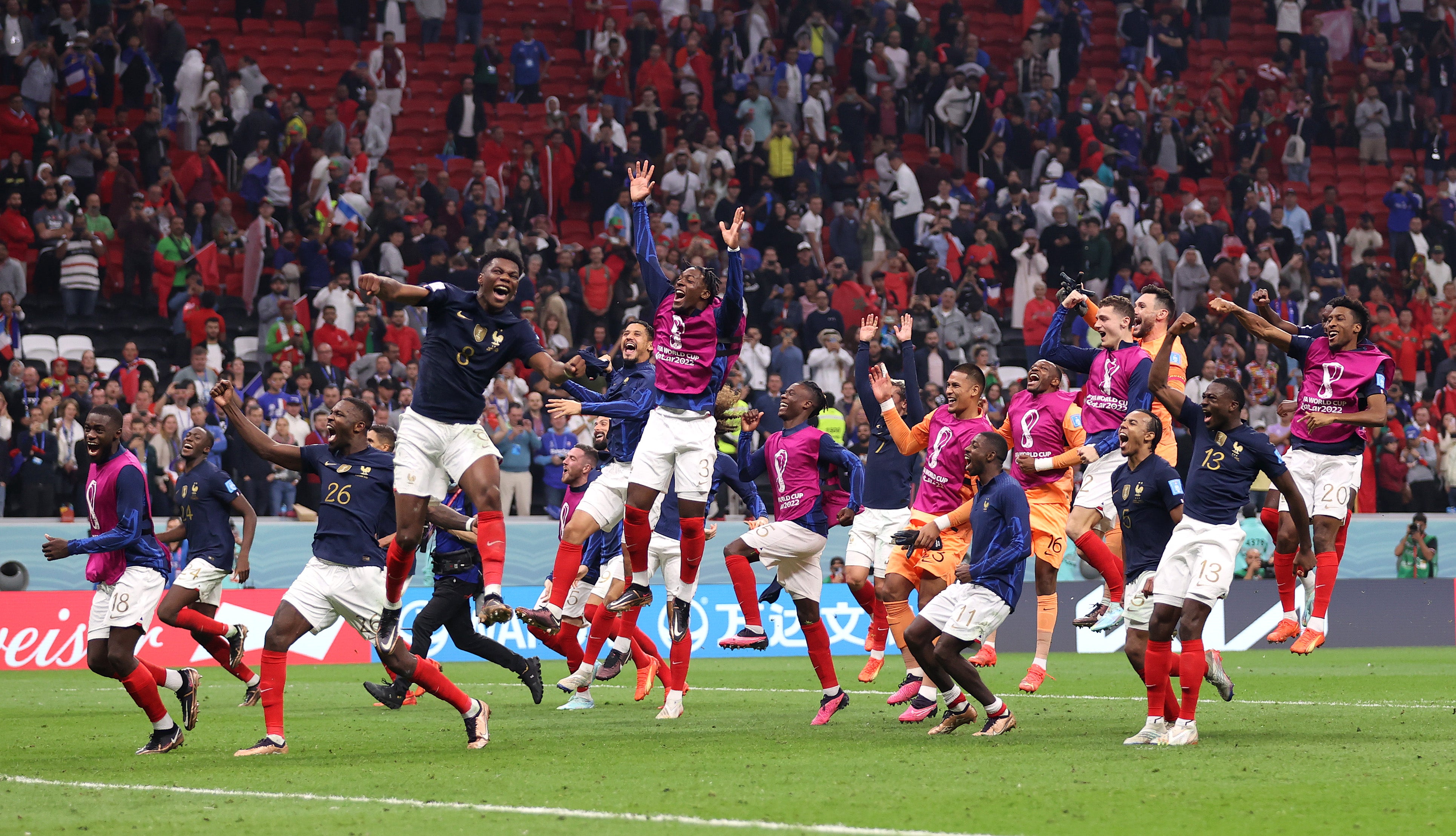 France players celebrate after the team’s victory over Morocco