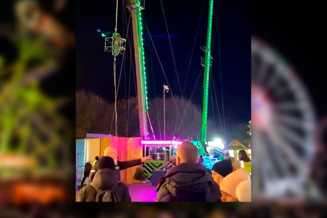 <p>Inset: Screengrab of footage of the scene after cable snapped on a bungee ride </p>