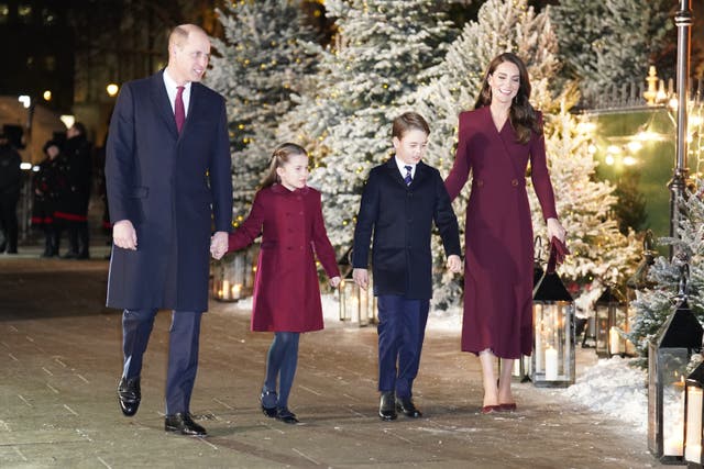 The Prince and Princess of Wales arriving with their children Princess Charlotte and Prince George for the Together at Christmas Carol Service at Westminster Abbey in London (James Manning/PA)