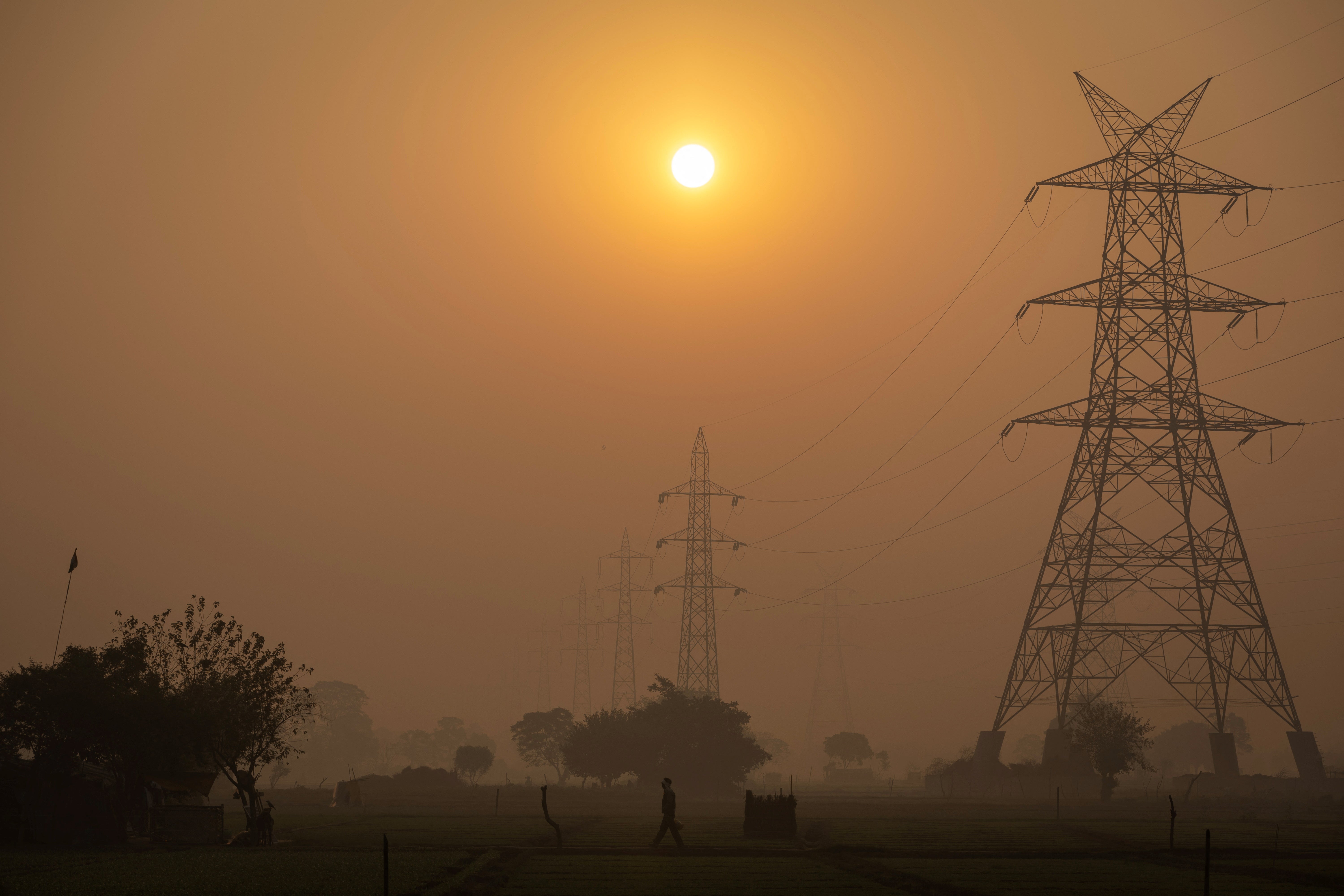 A farmer walks in the morning smog