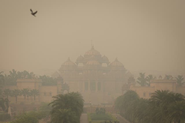 <p>File photo: A bird flies next to the smog-covered Akshardham temple</p>