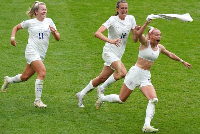 Chloe Kelly celebrates after scoring England’s winning goal in the Euro 2022 final (Adam Davy/PA)