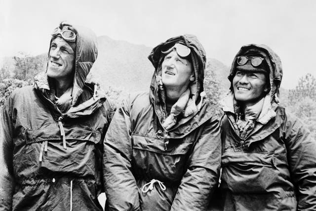 <p>Edmund Hillary (left), Tensing Norgay (right) and expedition leader Colonel John Hunt in Kathmandu, Nepal, after descending from Everest in 1953</p>