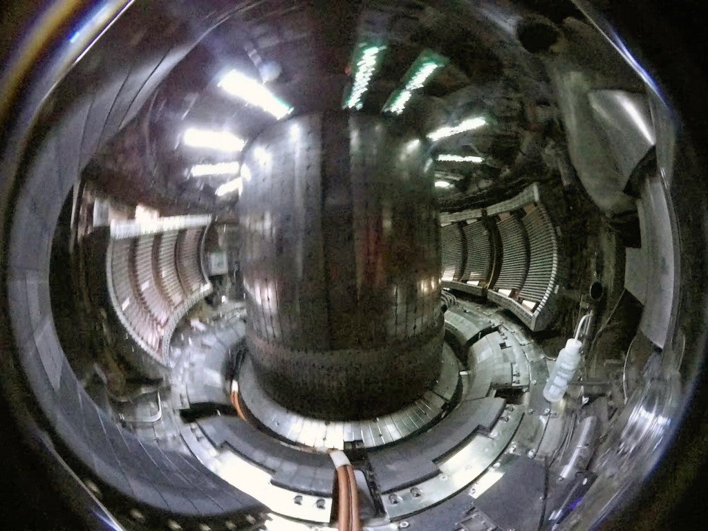 Close-up of the interior of a tokamak nuclear fusion reactor, before starting the nuclear reaction