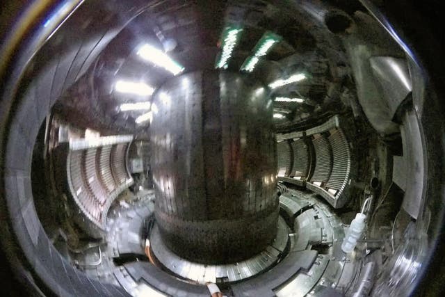 <p>Close-up of the interior of a tokamak nuclear fusion reactor, before starting the nuclear reaction</p>