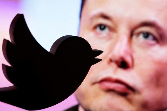 <p>FILE: A 3D printed Twitter logo is seen in front of a displayed photo of Elon Musk in this illustration</p>