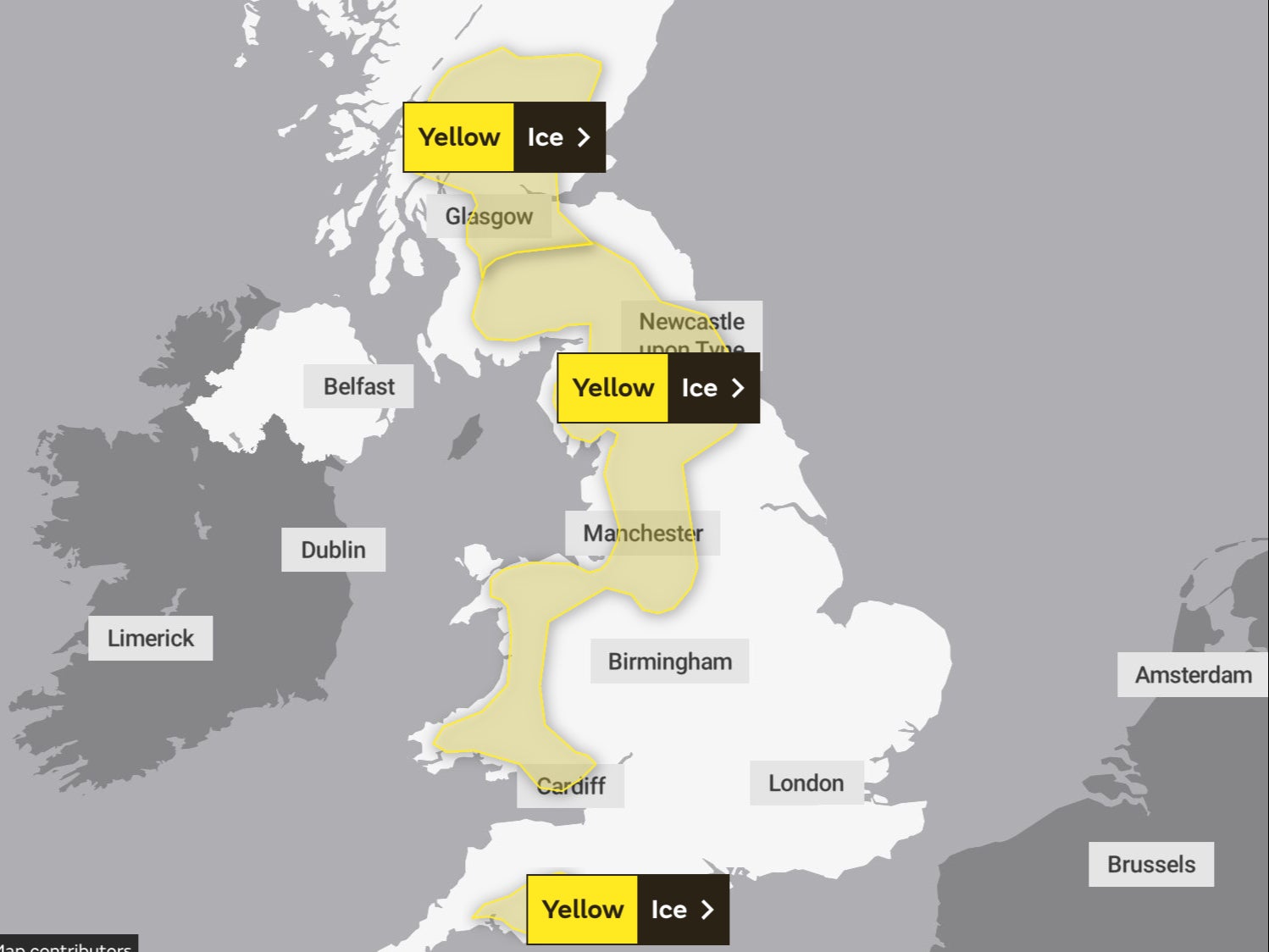 A map showing the areas issued yellow weather warnings for ice on Saturday