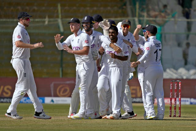 Rehan Ahmed claimed his first Test wicket in the afternoon session of his debut (Fareed Khan/AP)