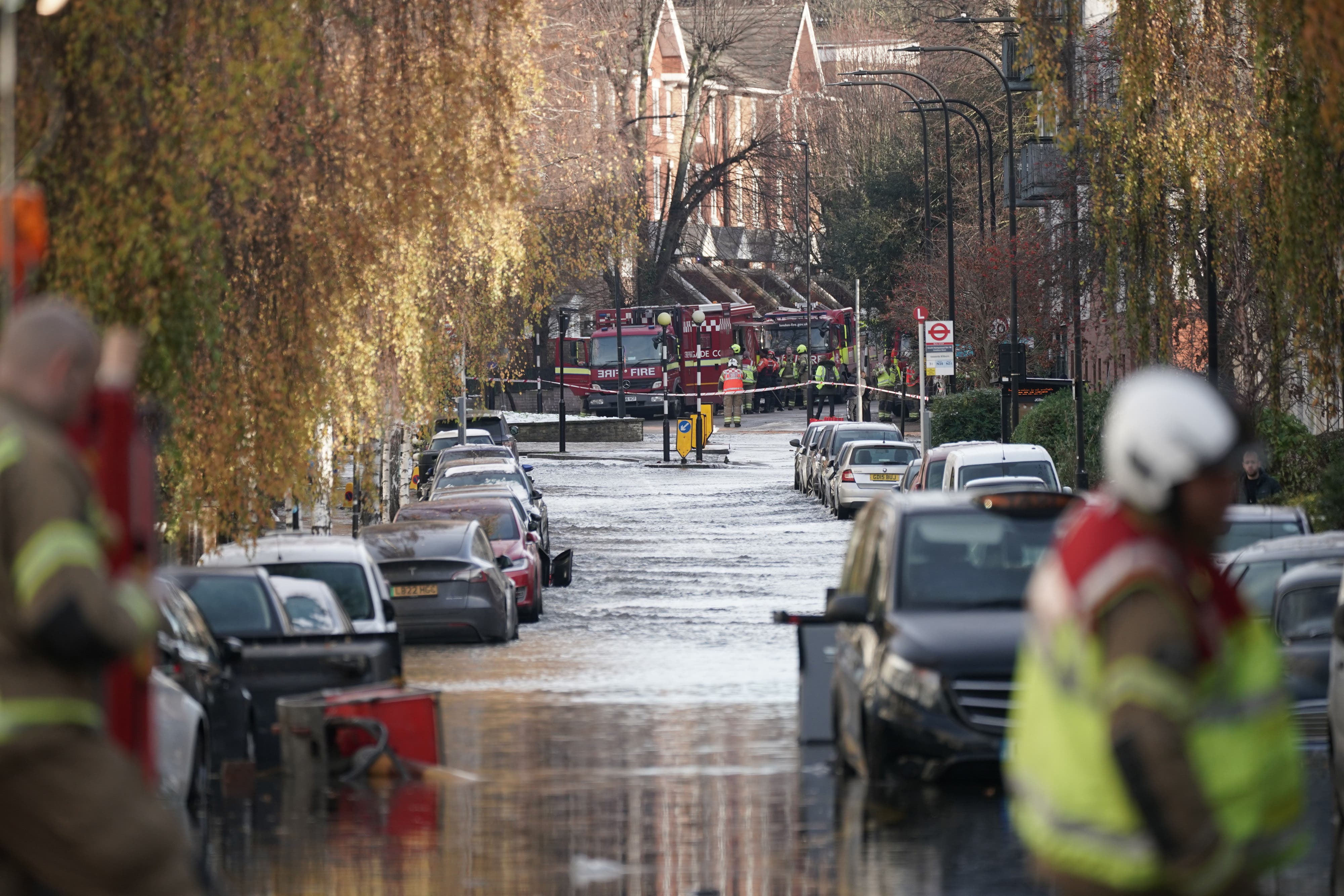 Belsize Road in Camden after a burst water main flooded the London street