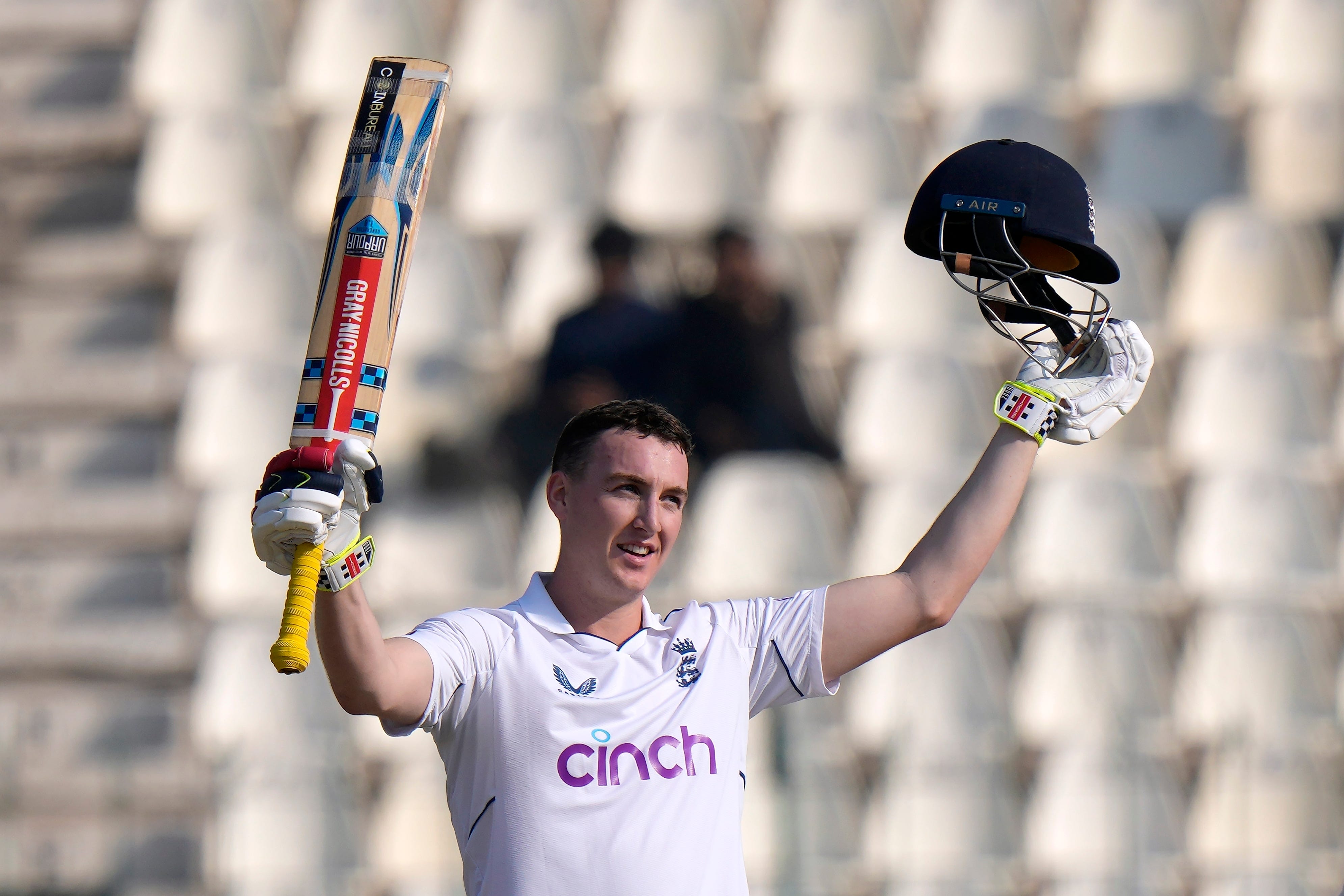 Harry Brook hit a masterful unbeaten century as England recovered from the loss of early wickets to reach the tea break on 254 for five (Anjum Naveed/AP)