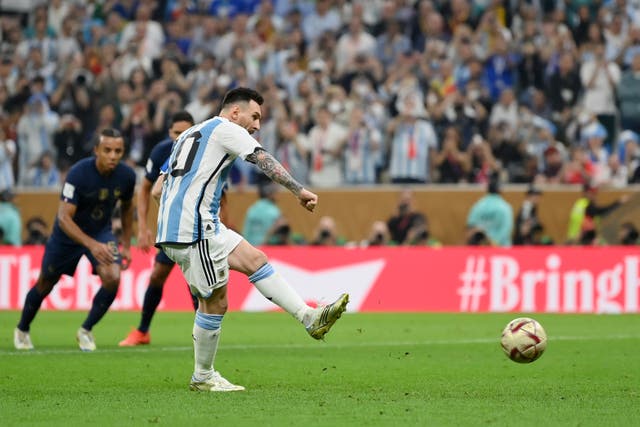 <p>Lionel Messi opens the scoring in the 2022 World Cup final, netting a penalty </p>