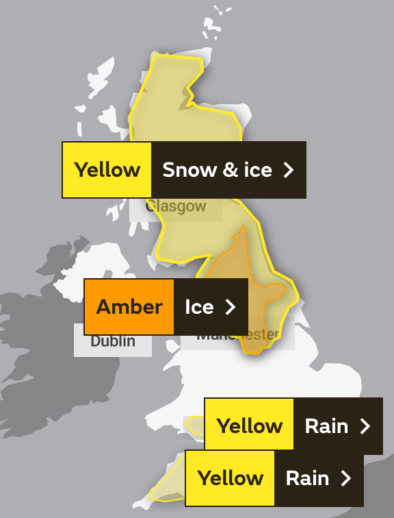 Weather warnings are in force across much of the UK on Sunday