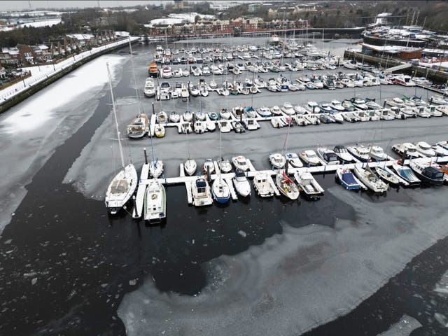 <p>Boats sit in the frozen Royal Quays Marina at North Shields</p>
