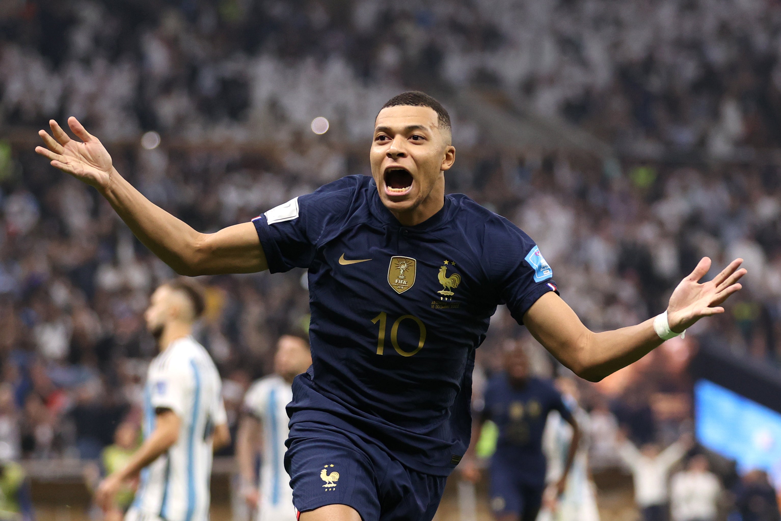 Kylian Mbappe celebrates scoring his and France’s third goal