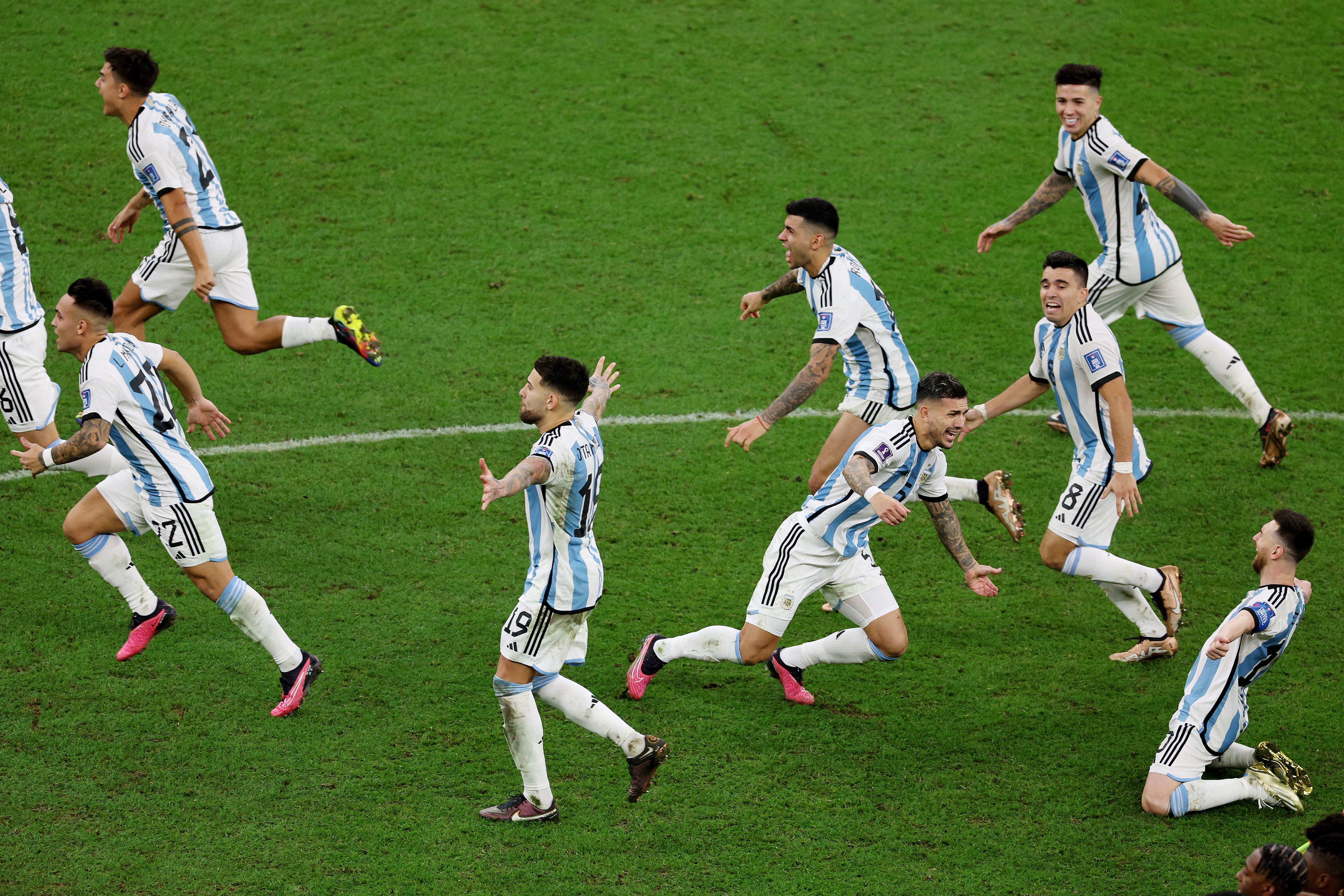 Argentina players celebrate after Montiel’s penalty won them the World Cup