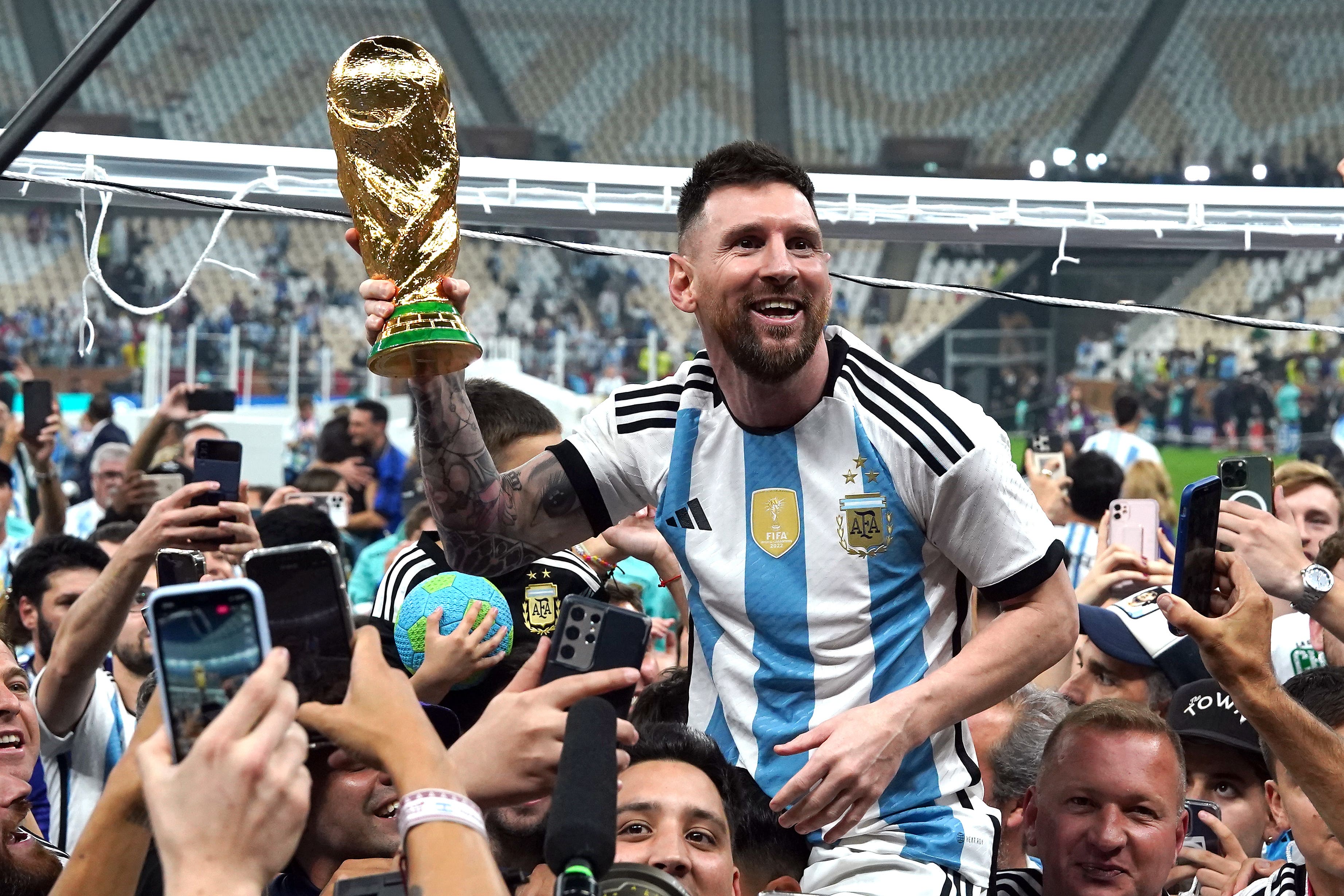 Argentina captain Lionel Messi celebrates World Cup final victory over France (Martin Rickett/PA)