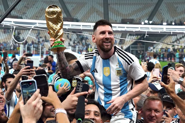 Argentina captain Lionel Messi celebrates World Cup final victory over France (Martin Rickett/PA)