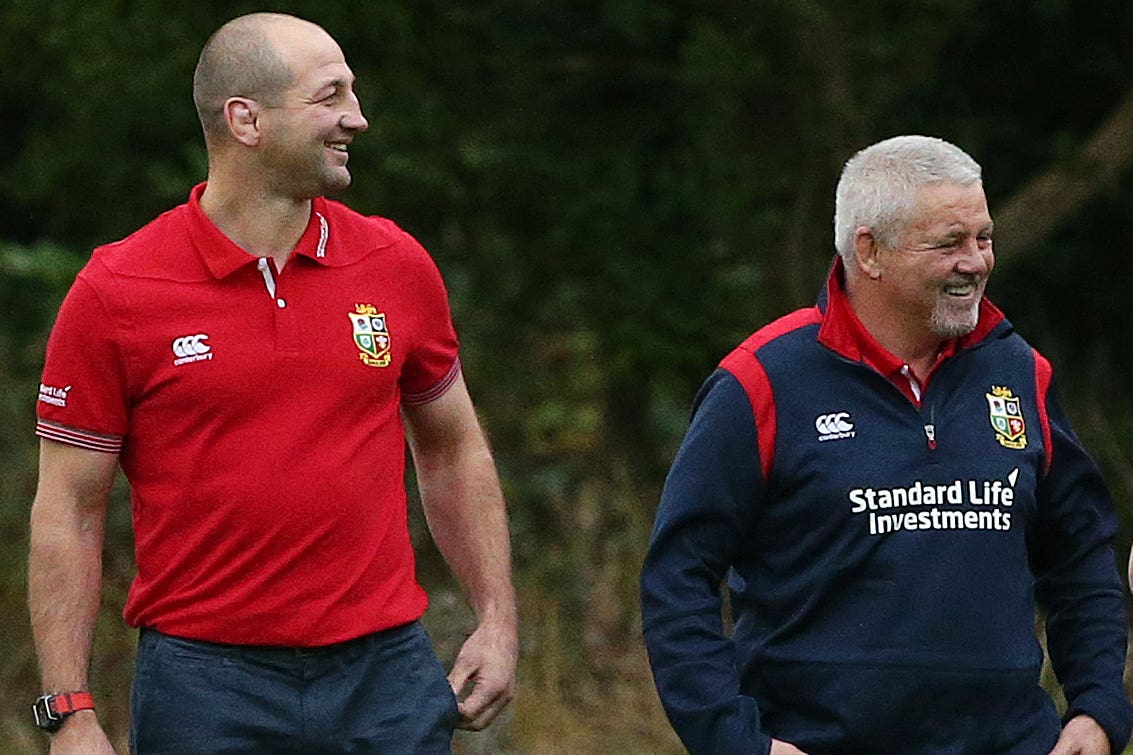 Warren Gatland (second left) with members of his coaching staff Steve Borthwick (left), Rob Howley and Andy Farrell (right) following a press conference to announce the 2017 British and Irish Lions coaching staff at Carlton House, Dublin.