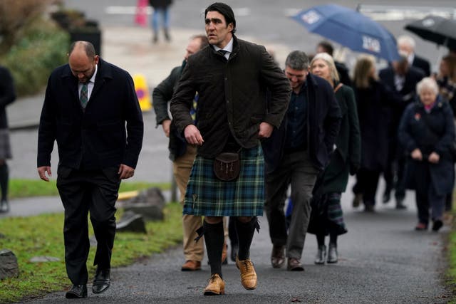 Former rugby union player Kelly Brown (centre) at Melrose Parish Church before a memorial service for Doddie Weir (Andrew Milligan/PA)