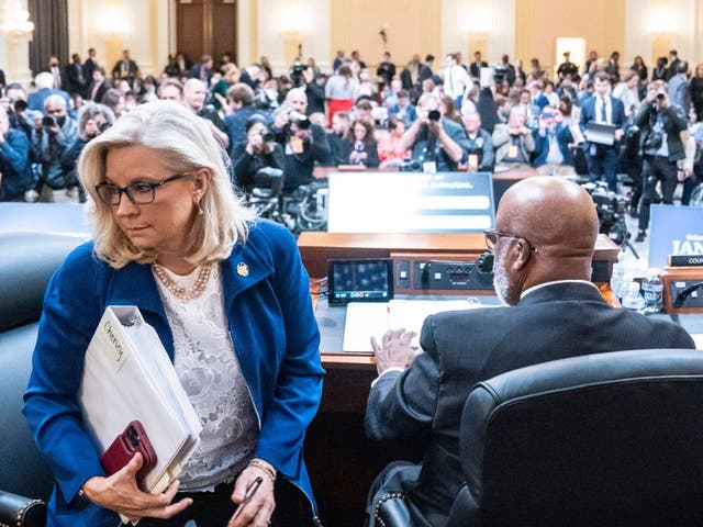 <p>Committee Vice Chair Liz Cheney leaves during a break in the hearing to Investigate the January 6 Attack on the US Capitol, on Capitol Hill in Washington, DC, on October 13, 2022</p>