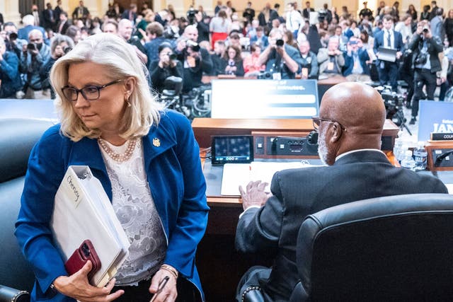 <p>Committee Vice Chair Liz Cheney leaves during a break in the hearing to Investigate the January 6 Attack on the US Capitol, on Capitol Hill in Washington, DC, on October 13, 2022</p>