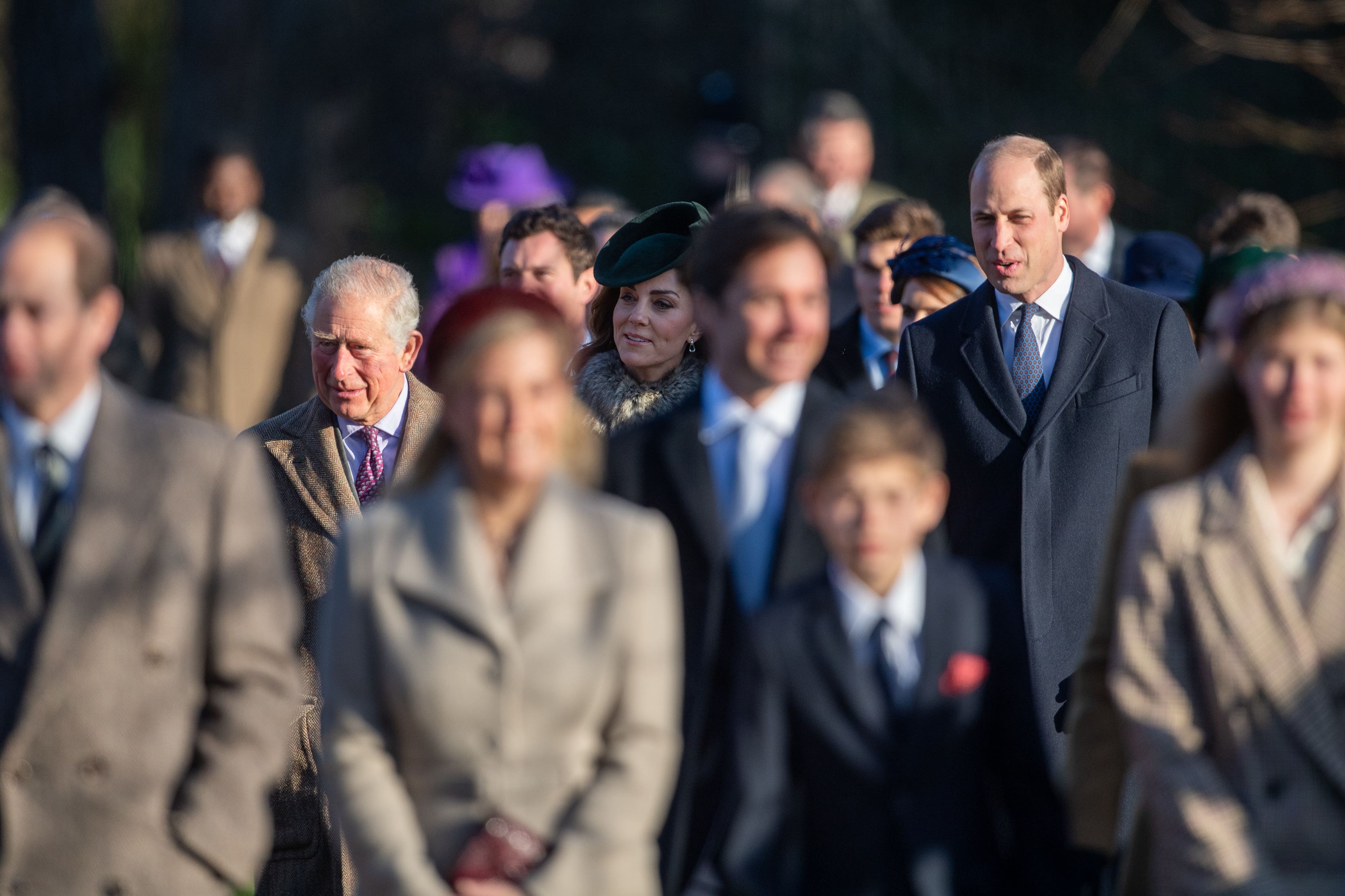 The Prince of Wales, Duchess of Cambridge and Duke of Cambridge arriving to attend the Christmas Day morning church service at St Mary Magdalene Church in Sandringham, Norfolk.