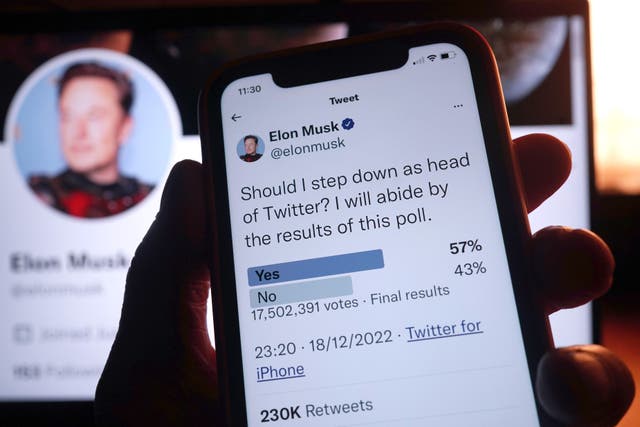 Elon Musk posted the poll to Twitter on Sunday night (Yui Mok/PA)