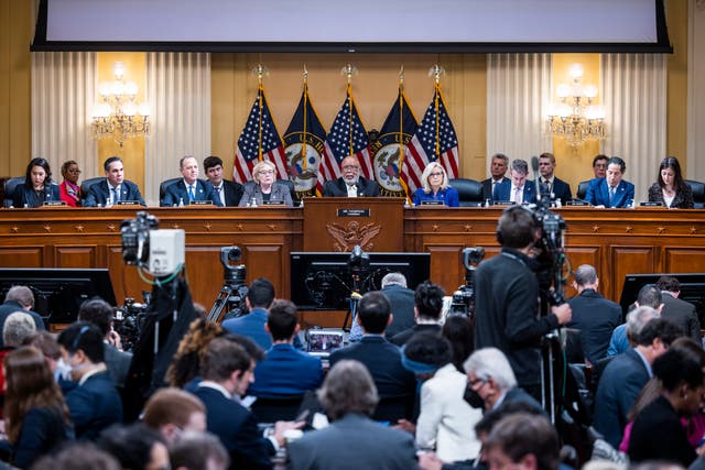 <p>Members of the House Select Committee to Investigate the January 6 Attack on the U.S. Capitol hold its last public hearing in the Canon House Office Building</p>