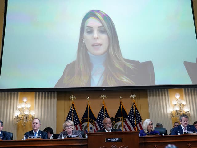 <p>A video showing Hope Hicks plays as the House select committee investigating the Jan. 6 attack on the U.S. Capitol holds its final meeting on Capitol Hill in Washington, Monday, Dec. 19, 2022</p>