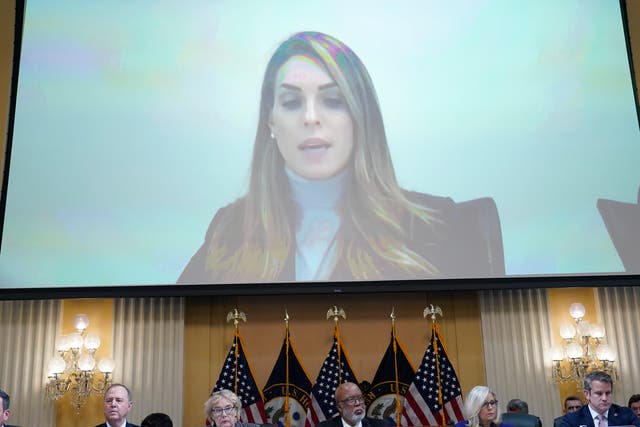 <p>A video showing Hope Hicks plays as the House select committee investigating the Jan. 6 attack on the U.S. Capitol holds its final meeting on Capitol Hill in Washington, Monday, Dec. 19, 2022</p>