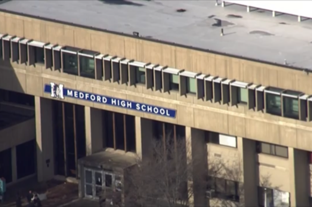 <p>One student was treated at the hospital and another taken into custody after a fight Monday at a high school in Medford, Massachusetts</p>