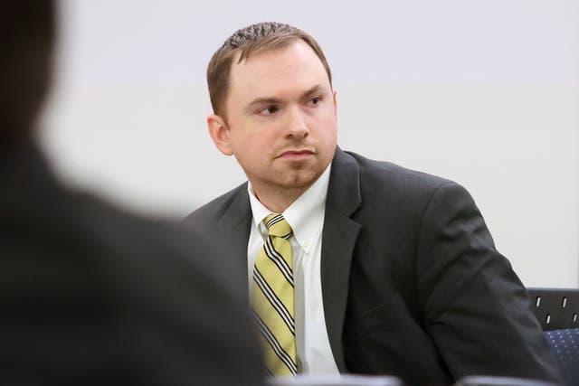 <p>Aaron Dean looks towards the gallery before the continuation of the punishment phase of his trial on Monday, Dec. 19, 2022</p>