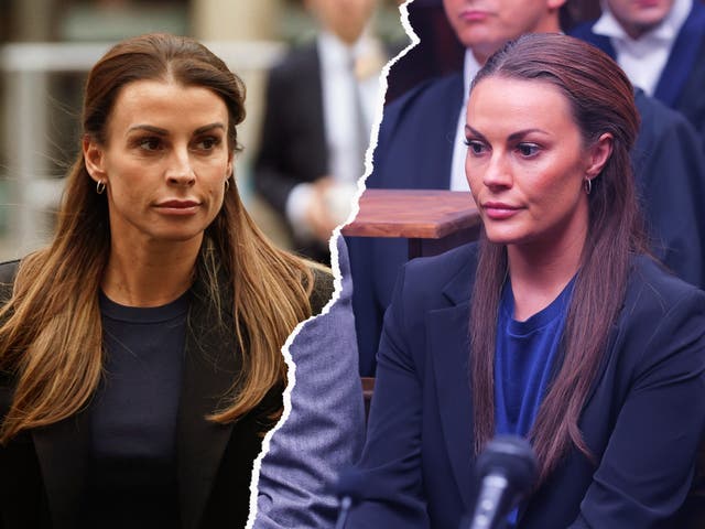 <p>Coleen Rooney at court in May, and Chanel Cresswell portraying her in Channel 4’s ‘Vardy v Rooney’ </p>