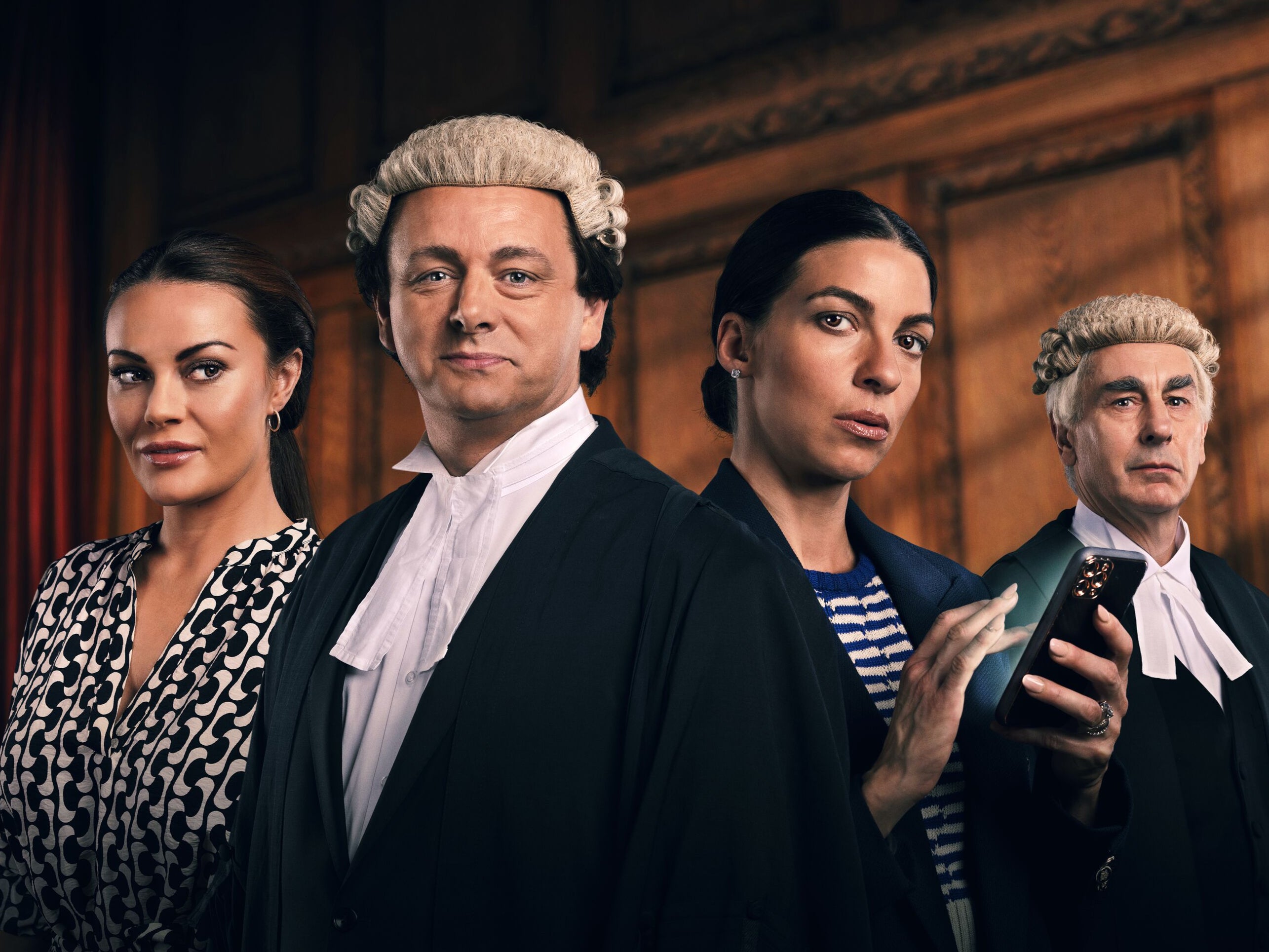 Chanel Cresswell, Michael Sheen, Natalia Tena and Simon Coury in ‘Vardy v Rooney: A Courtroom Drama'
