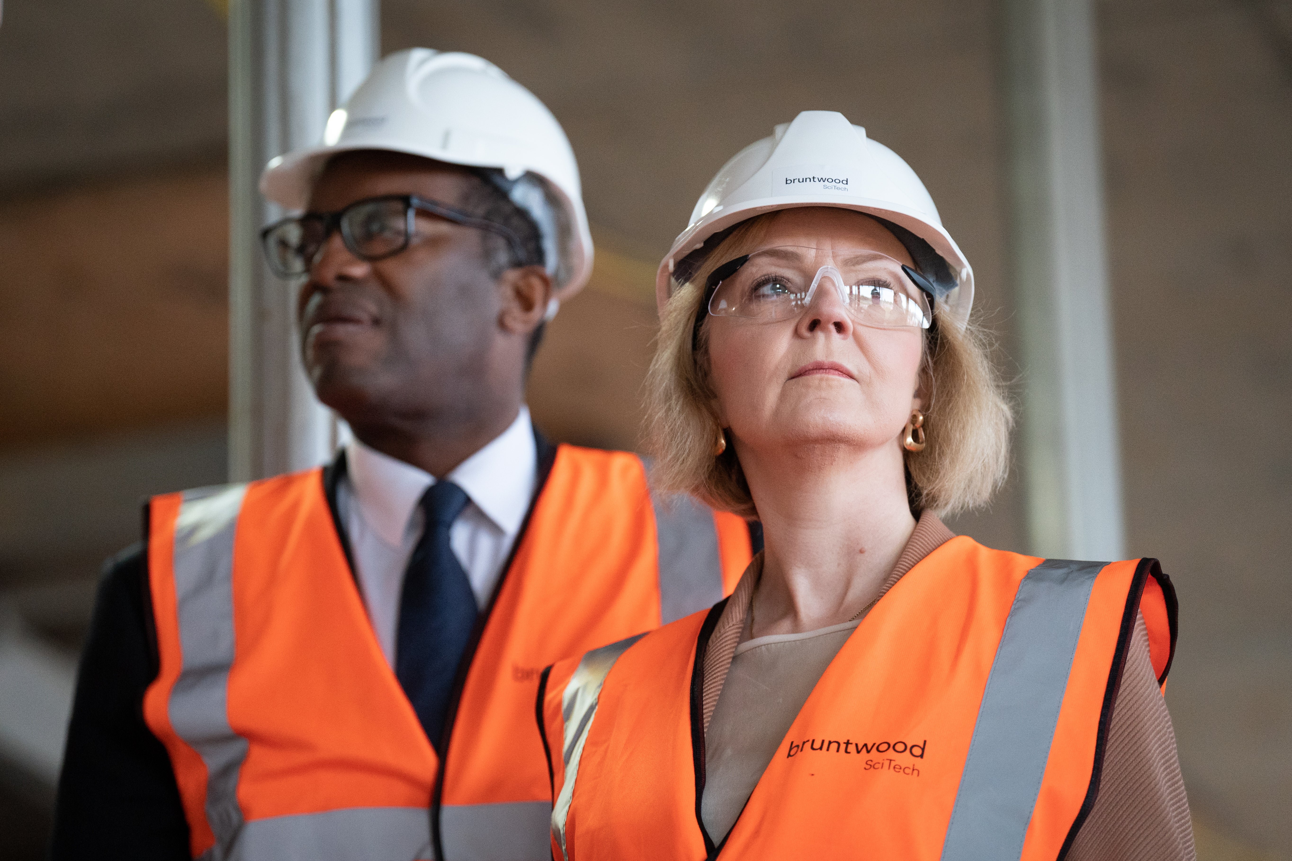 Former prime minister Liz Truss and ex-chancellor Kwasi Kwarteng during a visit to a construction site for a medical innovation campus in Birmingham