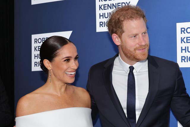 <p>Harry and Meghan attend the Robert F. Kennedy Human Rights Ripple of Hope gala in New York on 6 December 2022</p>