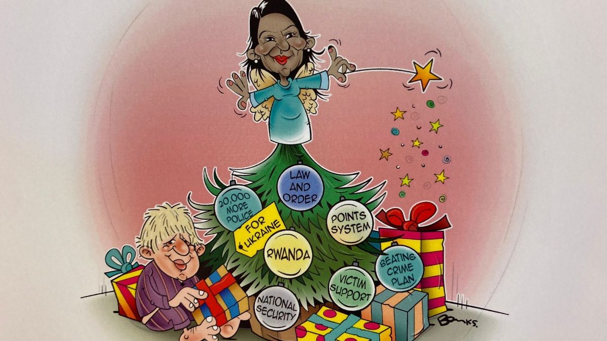 Priti Patel’s Christmas card depicts her on a Christmas tree