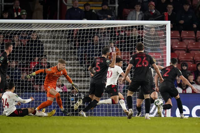 Che Adams, centre, scores Southampton’s second goal (Andrew Matthews/PA)