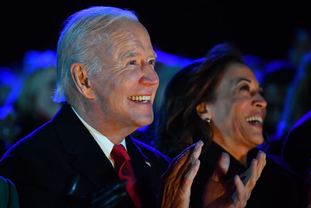 <p>US president Joe Biden and vice president Kamala Harris attend the 100th National Christmas Tree Lighting on The Ellipse south of the White House in Washington, DC on 30 November 2022</p>