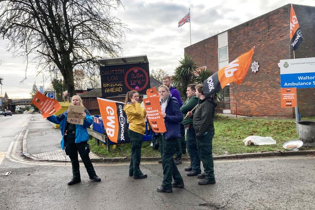 Ambulance workers on the picket line outside Walton Ambulance Station, Walton-on-Thames, Surrey (PA)