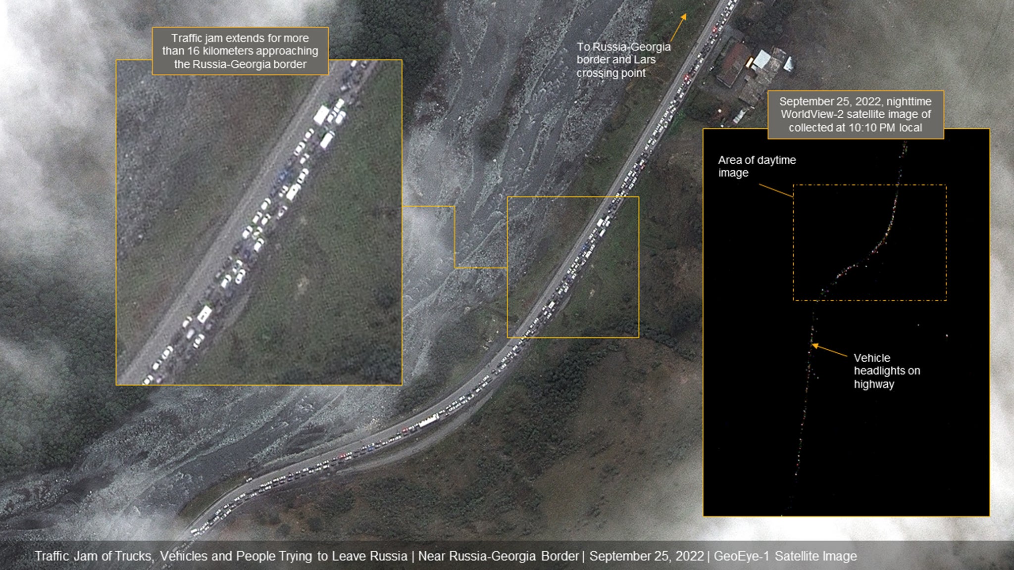 The traffic jam sparked by people trying to flee Russia could be seen from space