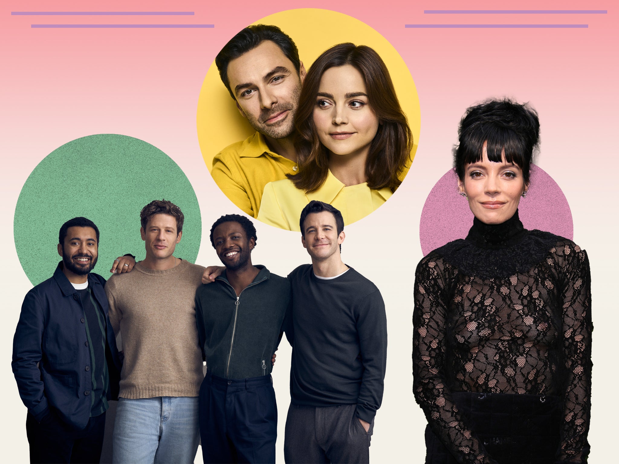 Clockwise from top: Jenna Coleman and Aidan Turner in ‘Lemons Lemons Lemons Lemons Lemons’, Lily Allen, and the cast of ‘A Little Life’