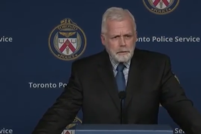<p>Detective Sergeant Terry Browne addresses reporters at a press conference after eight teens were charged in the death of a 59-year-old Toronto man</p>